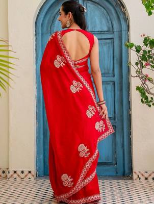 Red floral beads and stones silk blend saree 5