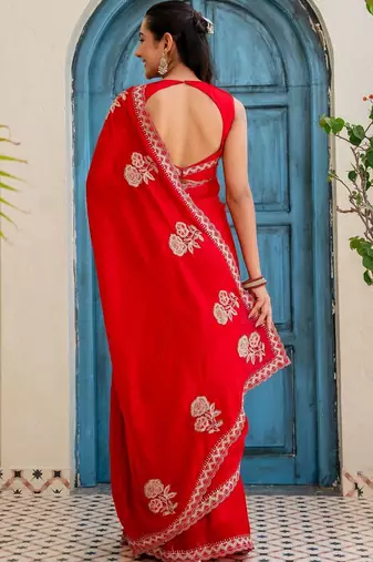 Red floral beads and stones silk blend saree