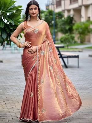 Peach ethnic motifs embroidered organza saree 1