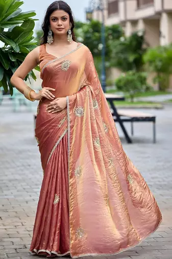 Peach ethnic motifs embroidered organza saree
