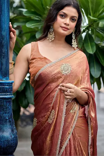 Peach ethnic motifs embroidered organza saree