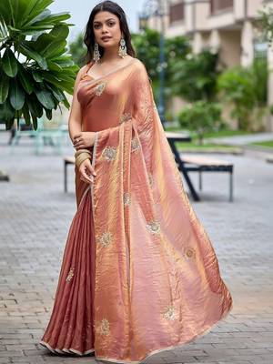Peach ethnic motifs embroidered organza saree 3