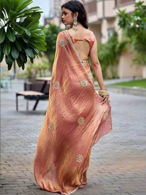 Peach ethnic motifs embroidered organza saree 4