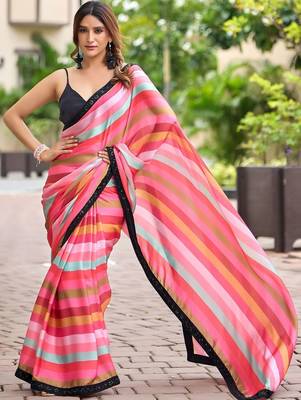 Multicolor striped sequinned organza saree 1