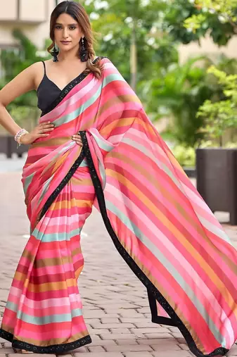 Multicolor striped sequinned organza saree