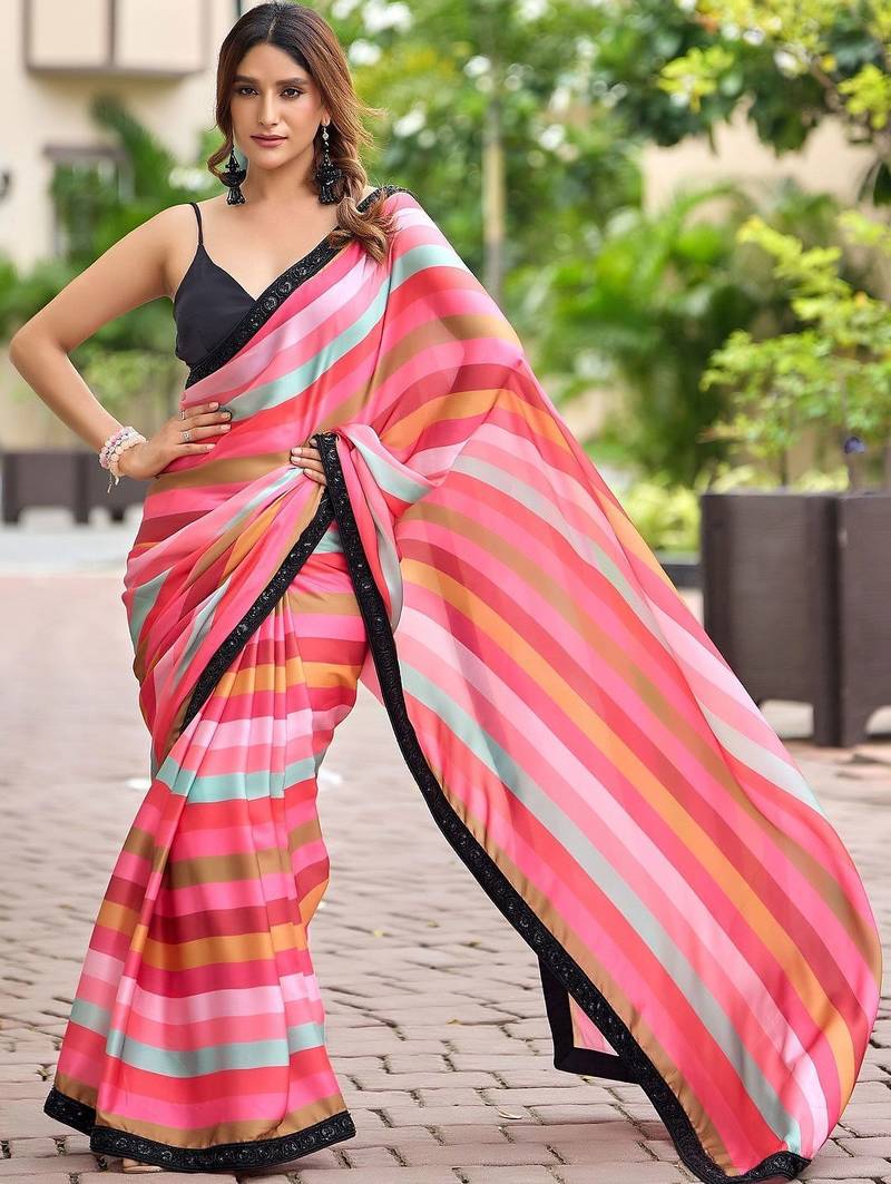 Multicolor striped sequinned organza saree