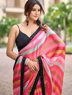 Multicolor striped sequinned organza saree 2