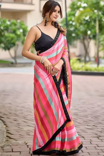 Multicolor striped sequinned organza saree