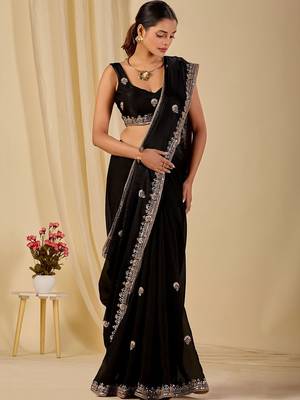 Black ethnic motifs embroidered organza saree 1