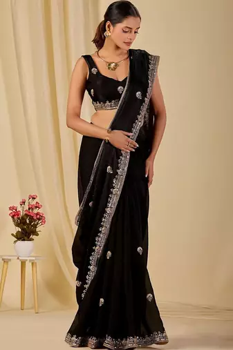 Black ethnic motifs embroidered organza saree