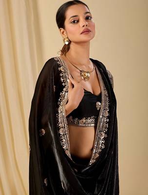 Black ethnic motifs embroidered organza saree 2