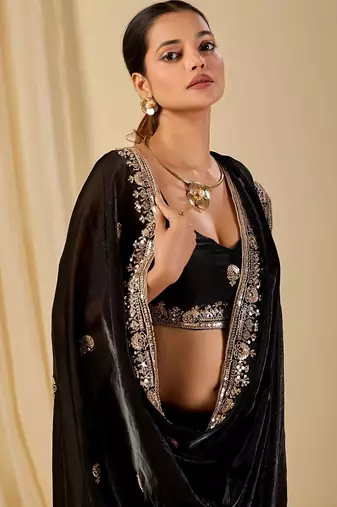 Black ethnic motifs embroidered organza saree