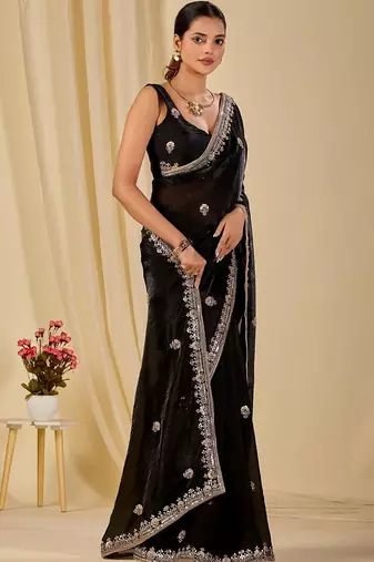 Black ethnic motifs embroidered organza saree