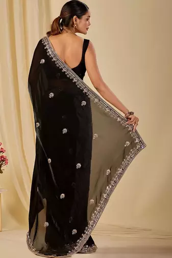 Black ethnic motifs embroidered organza saree