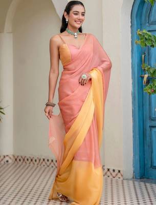 Orange orange yellow colourblocked  chiffon saree with blouse piece 3