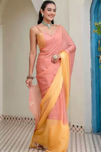 Orange orange yellow colourblocked  chiffon saree with blouse piece