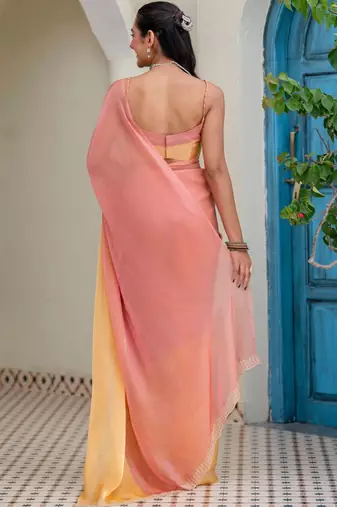Orange orange yellow colourblocked  chiffon saree with blouse piece