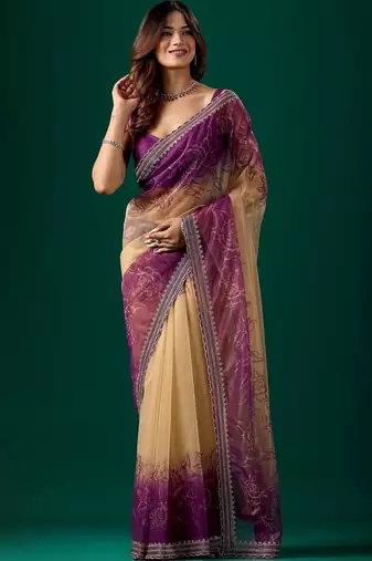 Beige floral zari tissue saree