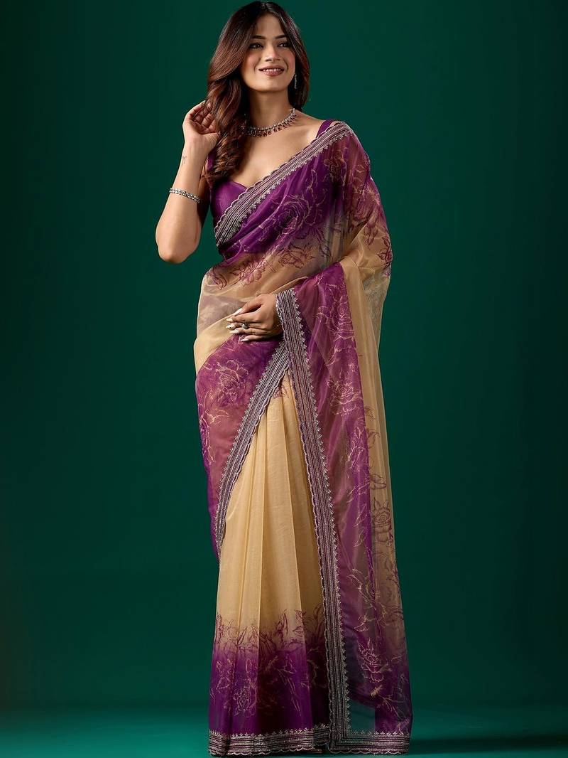 Beige floral zari tissue saree