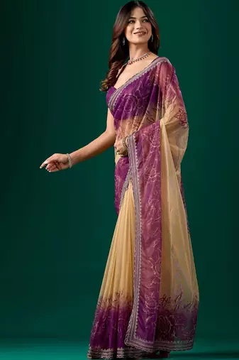 Beige floral zari tissue saree