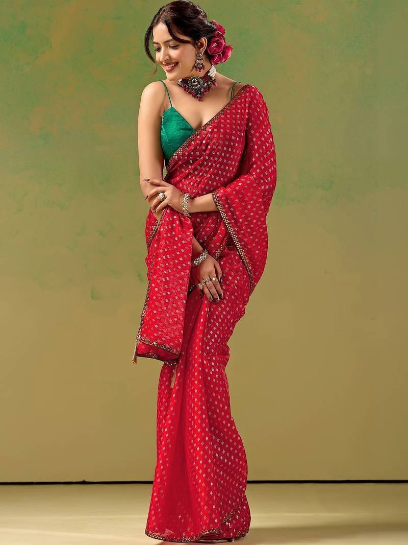 Red zari tissue saree