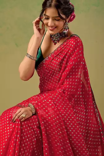 Red zari tissue saree