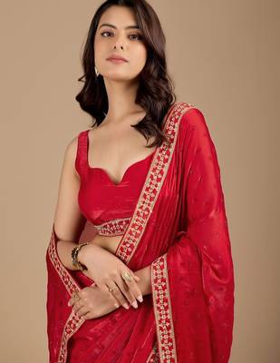 Red embellished embroidered organza heavy work saree 1