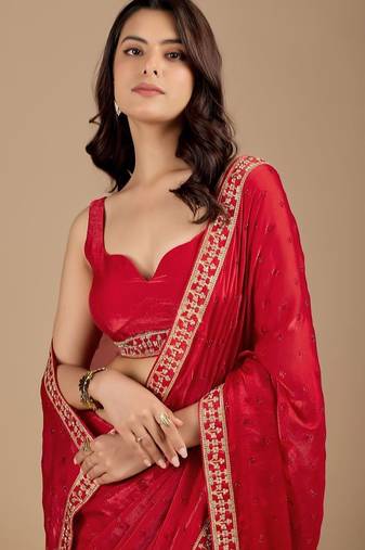 Red embellished embroidered organza heavy work saree