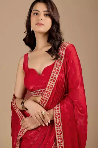 Red embellished embroidered organza heavy work saree