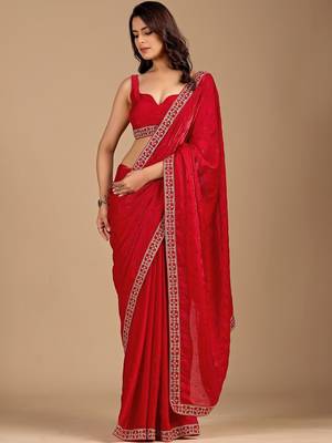 Red embellished embroidered organza heavy work saree 2