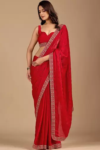 Red embellished embroidered organza heavy work saree