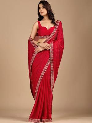 Red embellished embroidered organza heavy work saree 3