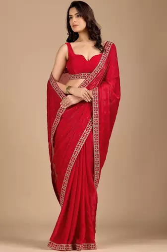 Red embellished embroidered organza heavy work saree