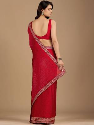 Red embellished embroidered organza heavy work saree 5
