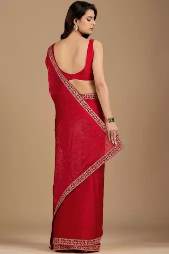 Red embellished embroidered organza heavy work saree