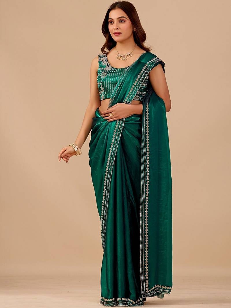 Green embellished embroidered organza heavy work saree
