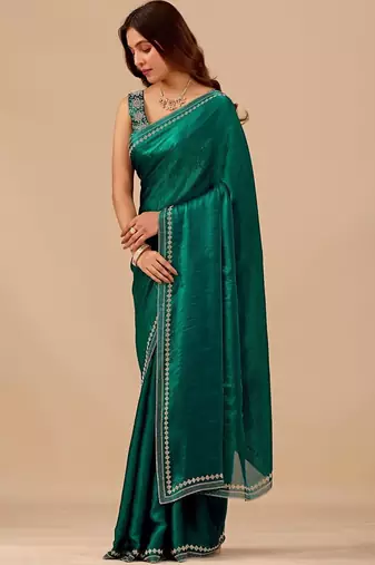 Green embellished embroidered organza heavy work saree