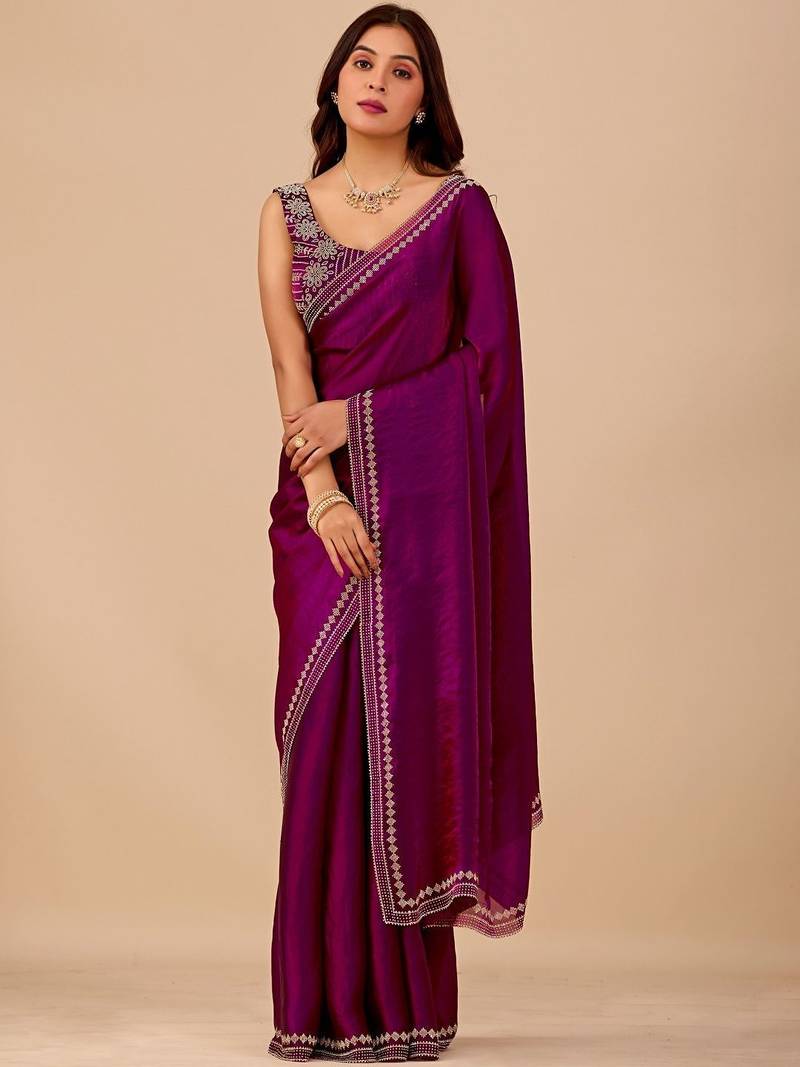 Purple embellished embroidered organza heavy work saree