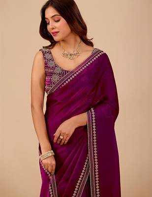 Purple embellished embroidered organza heavy work saree 2
