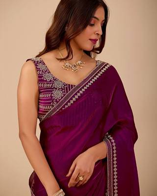 Purple embellished embroidered organza heavy work saree 4
