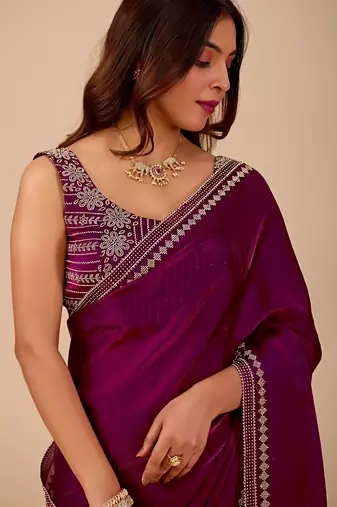 Purple embellished embroidered organza heavy work saree