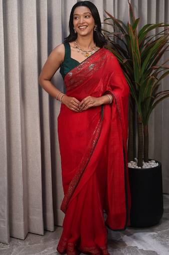 Red embellished sequinned poly chiffon heavy work saree