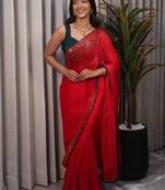 Red embellished sequinned poly chiffon heavy work saree