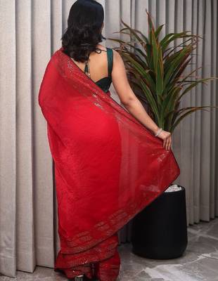 Red embellished sequinned poly chiffon heavy work saree 4