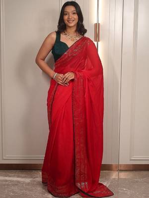 Red embellished sequinned poly chiffon heavy work saree 5