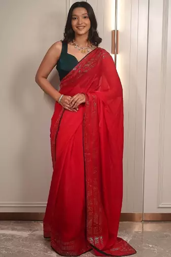 Red embellished sequinned poly chiffon heavy work saree