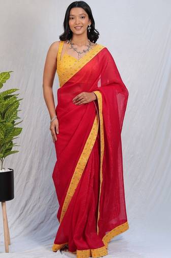 Red sequinned satin saree