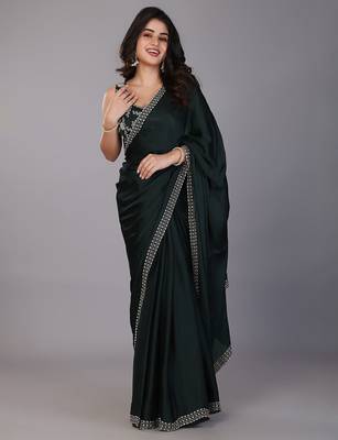 Green stonework embellished beads border satin saree with unstitched blouse 1