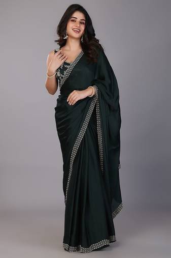 Green stonework embellished beads border satin saree with unstitched blouse