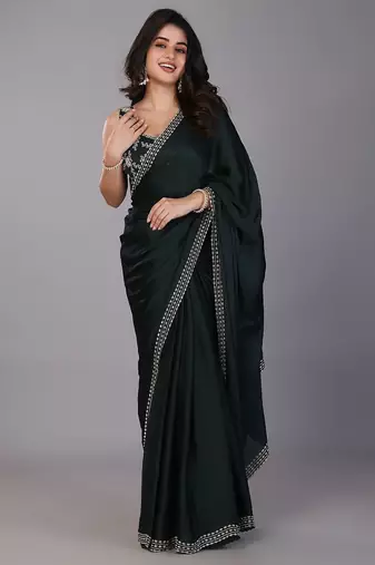 Green stonework embellished beads border satin saree with unstitched blouse